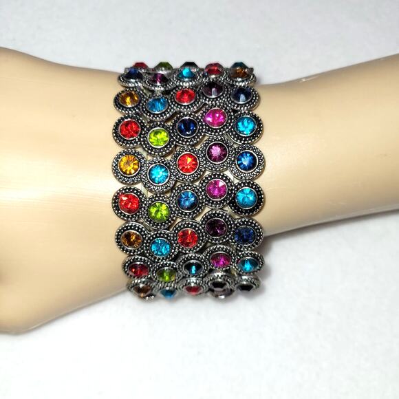 Multicolor Rivoli Crystal Stretch Bracelet Wide Statement Boho Glam Art Deco - Picture 1 of 4